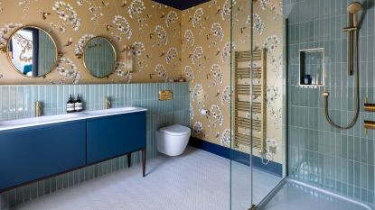 Blue and gold bathroom by AMC Design